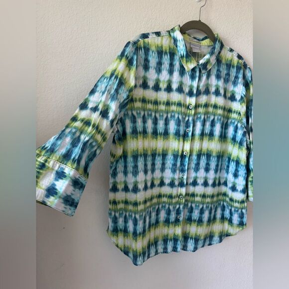 Chico’s No Iron 100% Linen Button Up Top Tie Dye Look Sz 3 US 16 3/4 Sleeve Boho - Picture 5 of 7